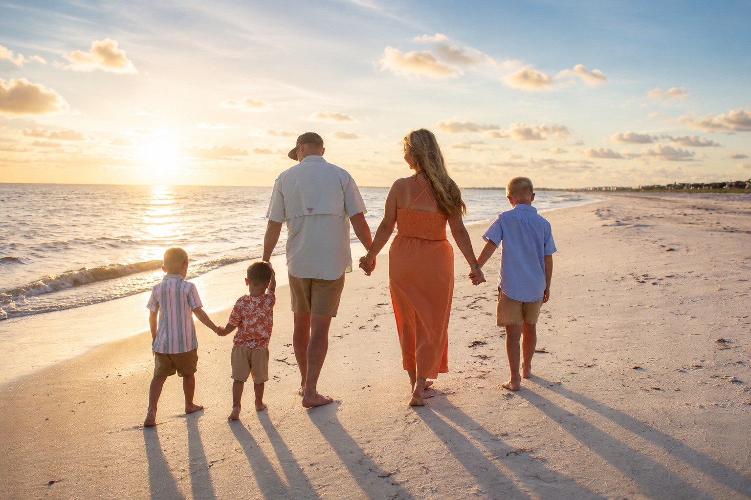 Family walking together beside the Gulf at sunset
